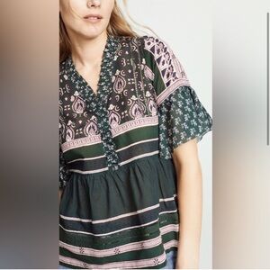 Sea New York Mia Floaty Block Print Blouse Top Bell Sleeves Crochet Trim